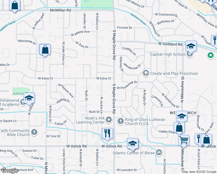 map of restaurants, bars, coffee shops, grocery stores, and more near 9075 West Edna Street in Boise