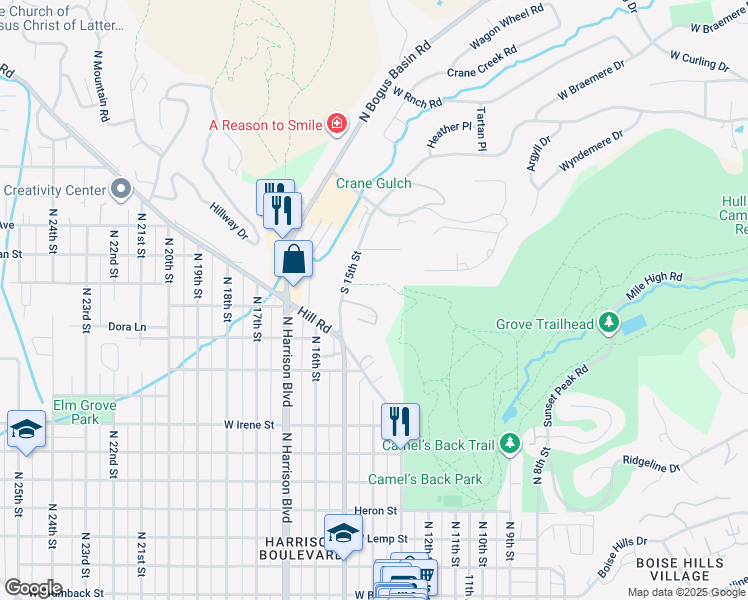 map of restaurants, bars, coffee shops, grocery stores, and more near 1412 Camel Back Lane in Boise