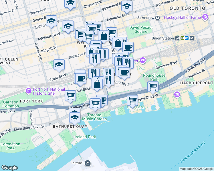 map of restaurants, bars, coffee shops, grocery stores, and more near 9 Spadina Avenue in Toronto