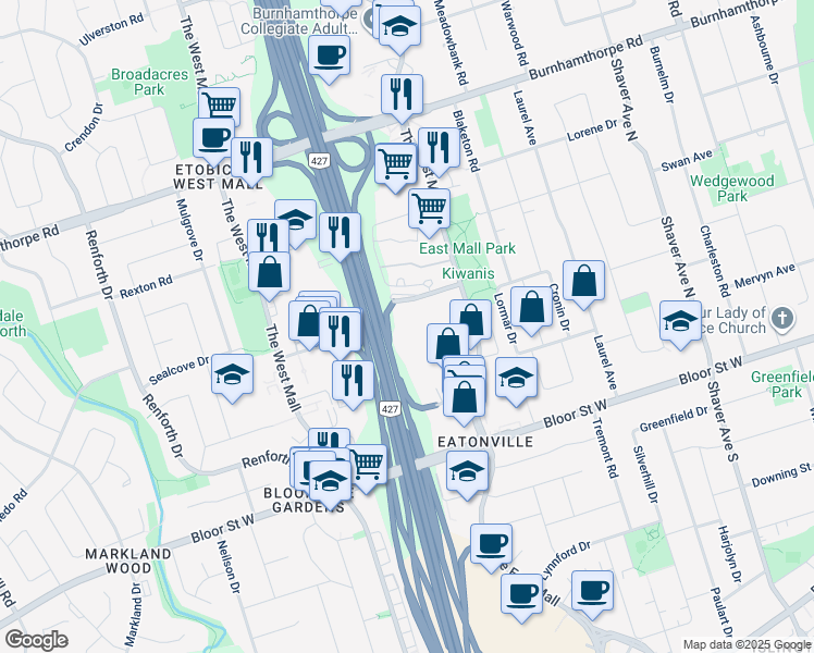 map of restaurants, bars, coffee shops, grocery stores, and more near 9 Valhalla Inn Road in Toronto