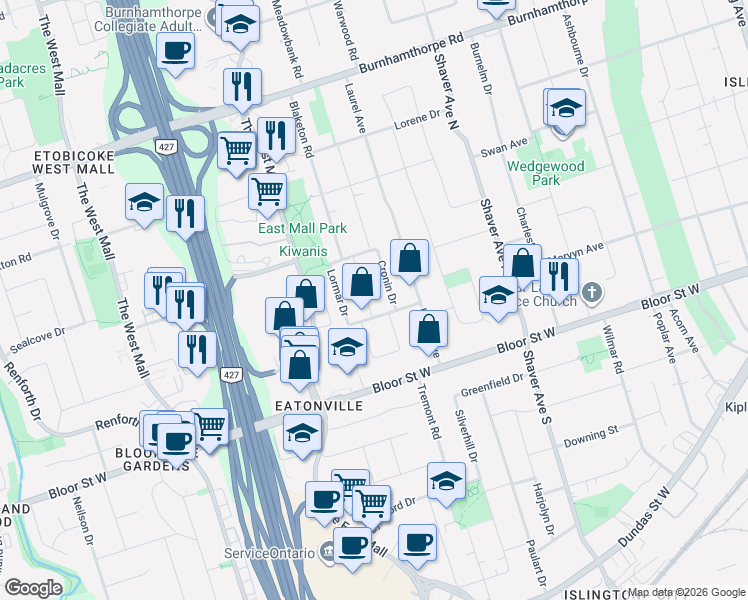map of restaurants, bars, coffee shops, grocery stores, and more near 7 Nipissing Drive in Toronto