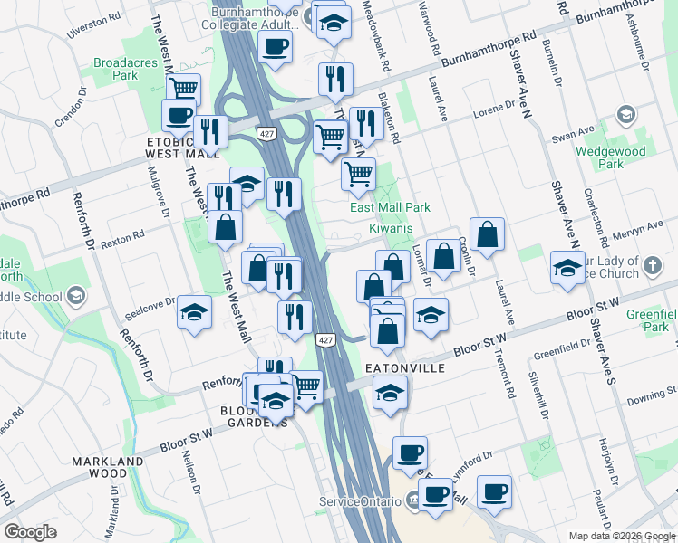 map of restaurants, bars, coffee shops, grocery stores, and more near 5 Valhalla Inn Road in Toronto
