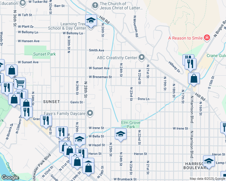 map of restaurants, bars, coffee shops, grocery stores, and more near 2501 West Anderson Street in Boise