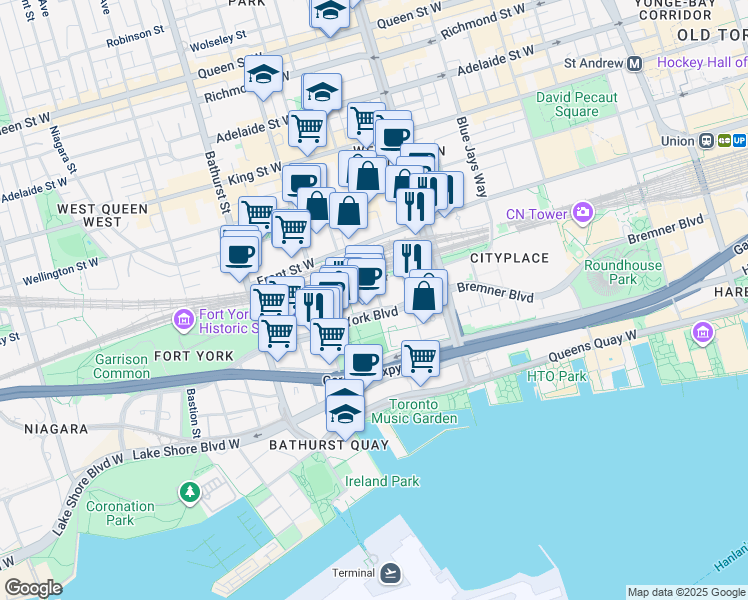 map of restaurants, bars, coffee shops, grocery stores, and more near 10 Capreol Court in Toronto