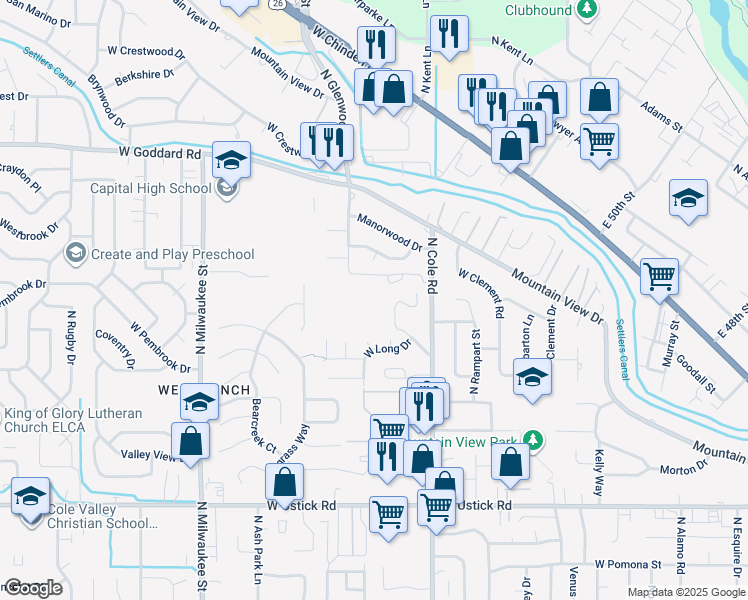 map of restaurants, bars, coffee shops, grocery stores, and more near 3805 North Cole Road in Boise