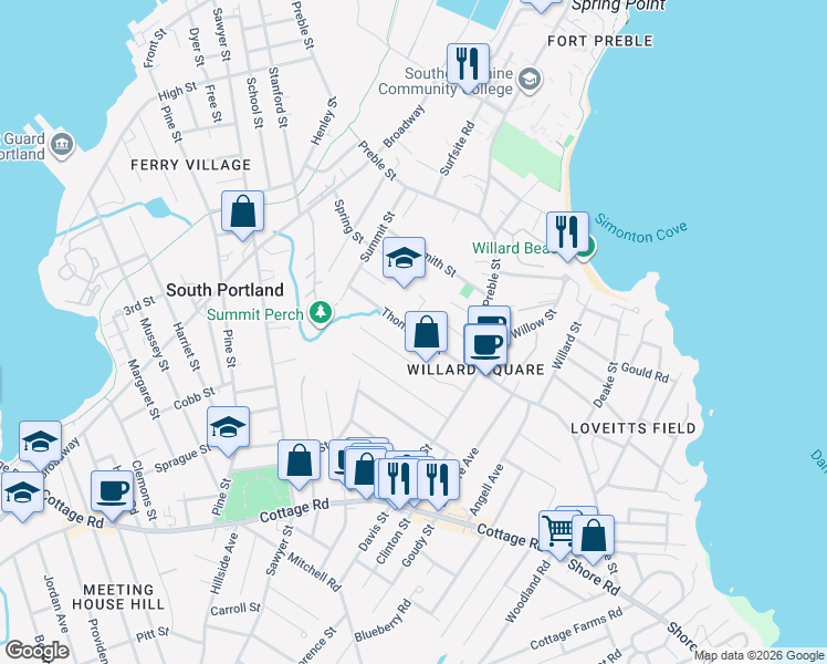 map of restaurants, bars, coffee shops, grocery stores, and more near 87 Thompson Street in South Portland