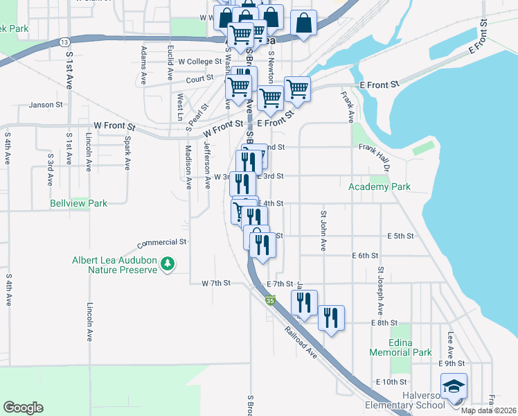 map of restaurants, bars, coffee shops, grocery stores, and more near 922 South Newton Avenue in Albert Lea