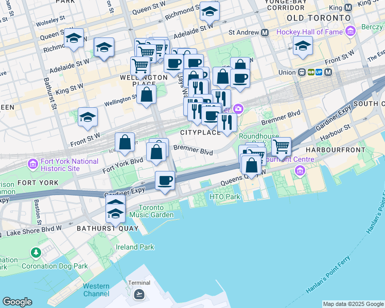 map of restaurants, bars, coffee shops, grocery stores, and more near 3 Navy Wharf Court in Toronto