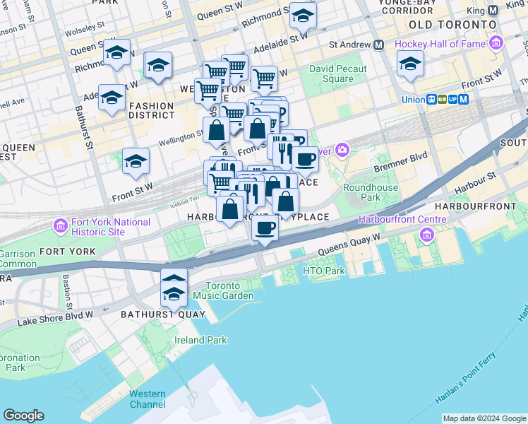 map of restaurants, bars, coffee shops, grocery stores, and more near in Toronto