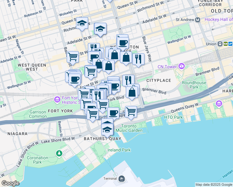 map of restaurants, bars, coffee shops, grocery stores, and more near in Toronto