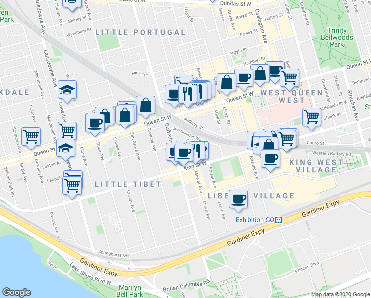 map of restaurants, bars, coffee shops, grocery stores, and more near 25 Laidlaw Street in Toronto