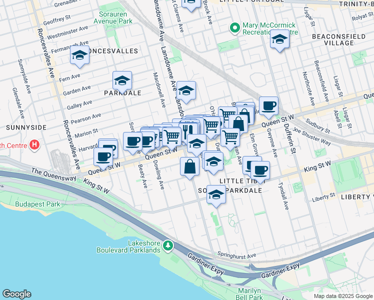 map of restaurants, bars, coffee shops, grocery stores, and more near in Toronto