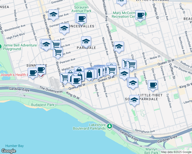 map of restaurants, bars, coffee shops, grocery stores, and more near in Toronto