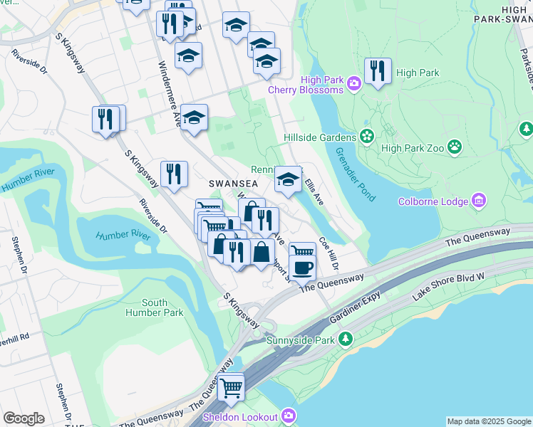 map of restaurants, bars, coffee shops, grocery stores, and more near in Toronto