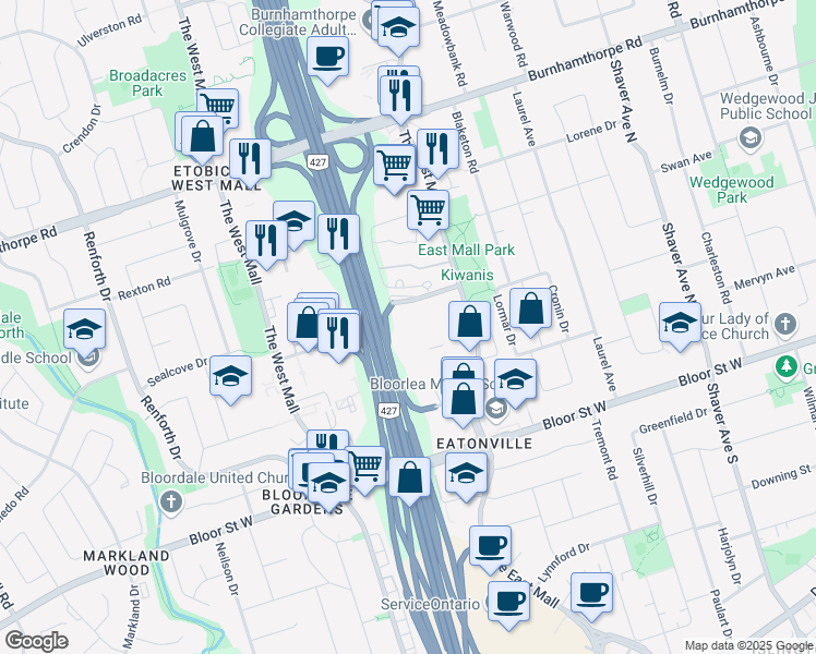 map of restaurants, bars, coffee shops, grocery stores, and more near in Toronto