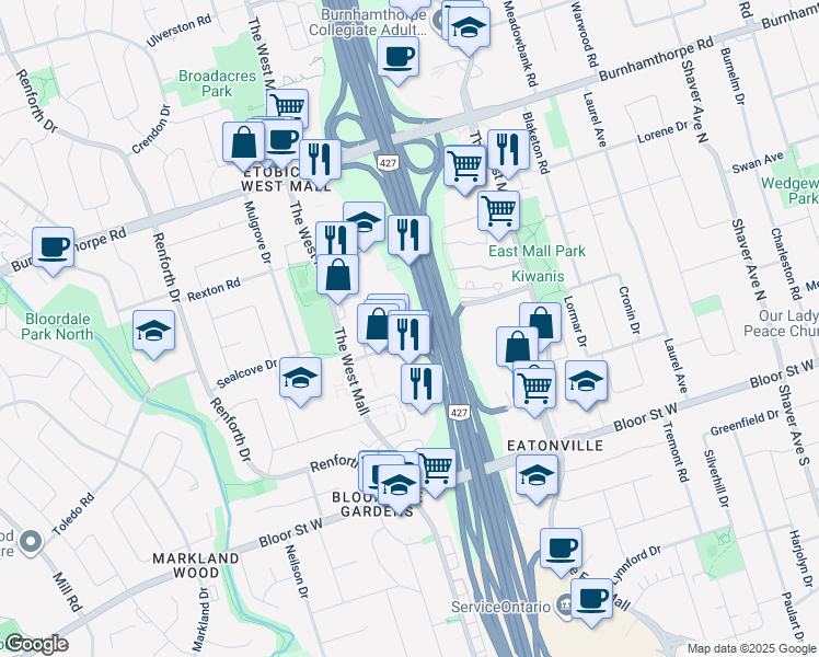 map of restaurants, bars, coffee shops, grocery stores, and more near in Toronto