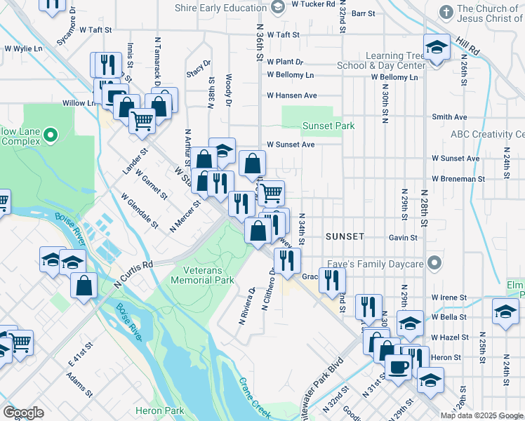 map of restaurants, bars, coffee shops, grocery stores, and more near 3614 West State Street in Boise