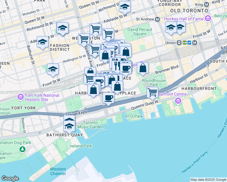 map of restaurants, bars, coffee shops, grocery stores, and more near 3 Navy Wharf Court in Toronto