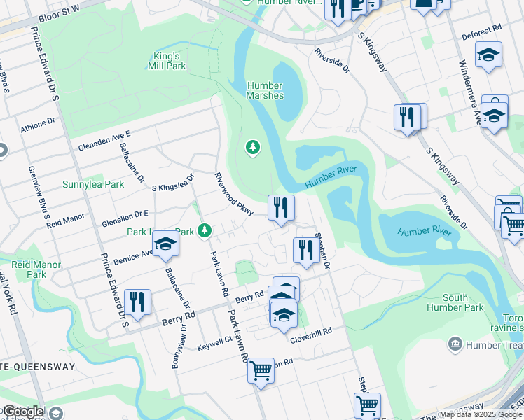 map of restaurants, bars, coffee shops, grocery stores, and more near 47 Riverwood Parkway in Toronto