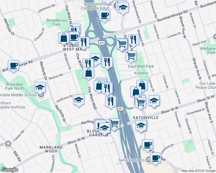 map of restaurants, bars, coffee shops, grocery stores, and more near 2 Eva Road in Toronto
