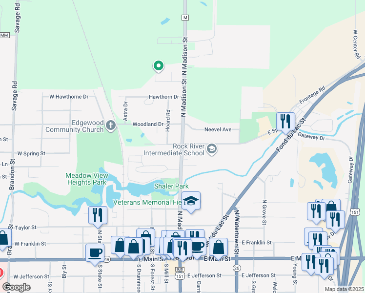map of restaurants, bars, coffee shops, grocery stores, and more near North Madison Street in Waupun