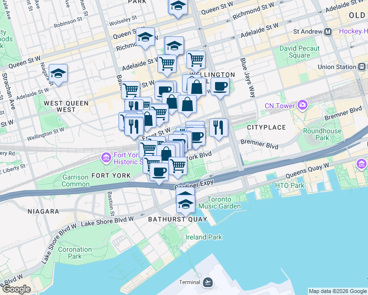 map of restaurants, bars, coffee shops, grocery stores, and more near 21 Iceboat Terrace in Toronto