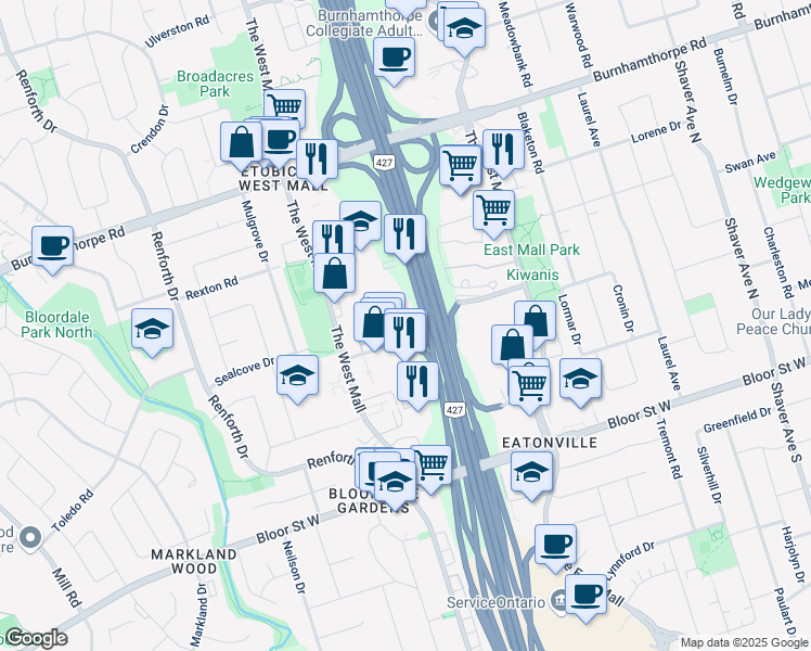 map of restaurants, bars, coffee shops, grocery stores, and more near 2 Eva Road in Toronto