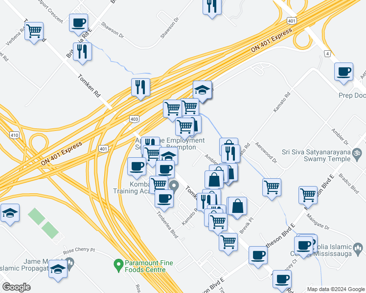 map of restaurants, bars, coffee shops, grocery stores, and more near 5945 Ambler Drive in Mississauga