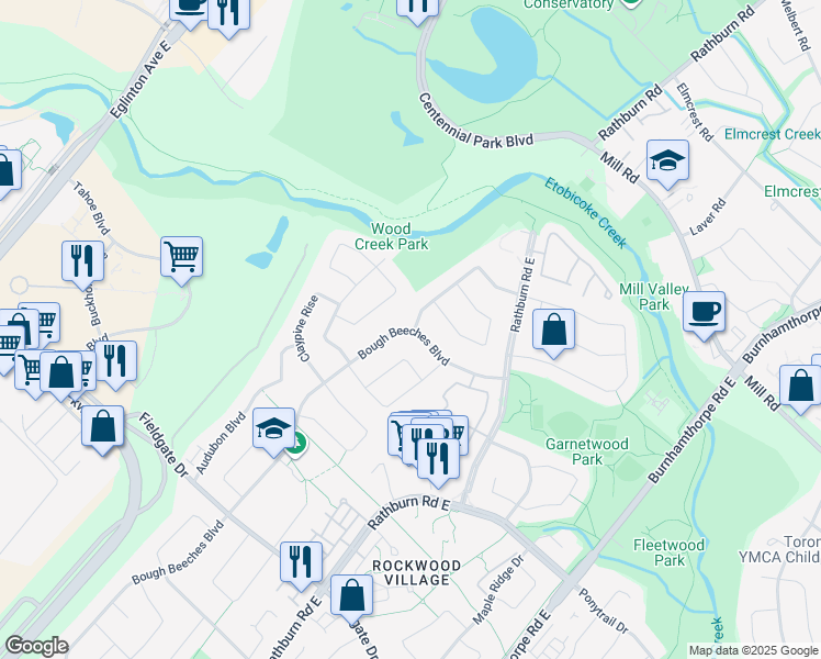 map of restaurants, bars, coffee shops, grocery stores, and more near 1964 Bough Beeches Boulevard in Mississauga