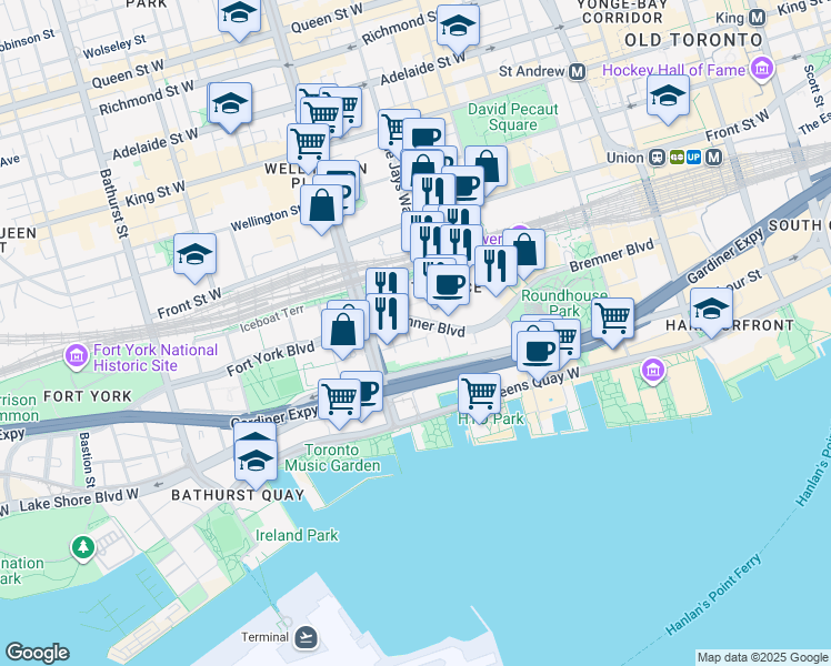 map of restaurants, bars, coffee shops, grocery stores, and more near 3 Navy Wharf Court in Toronto