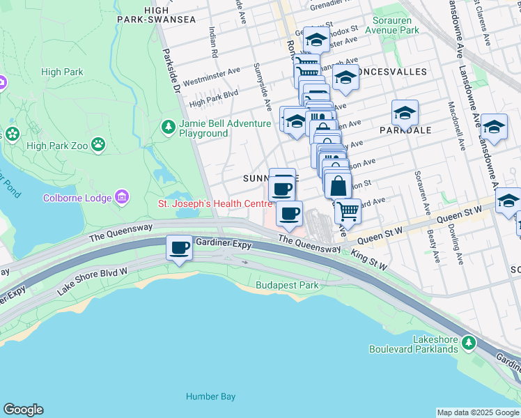 map of restaurants, bars, coffee shops, grocery stores, and more near 28 Glendale Avenue in Toronto