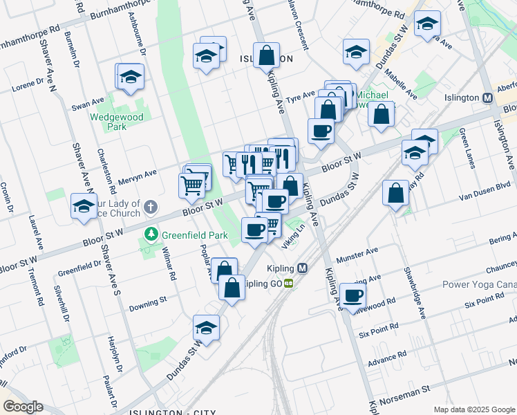 map of restaurants, bars, coffee shops, grocery stores, and more near 5230 Dundas Street West in Toronto