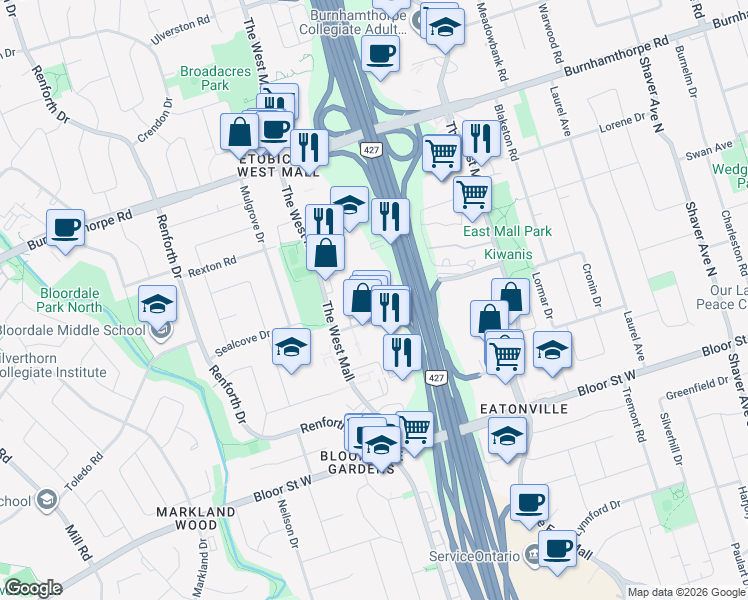 map of restaurants, bars, coffee shops, grocery stores, and more near 2 Eva Road in Toronto