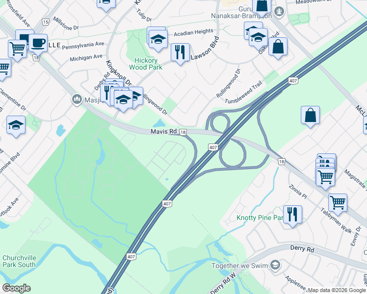 map of restaurants, bars, coffee shops, grocery stores, and more near 118 Cedar Lake Crescent in Brampton