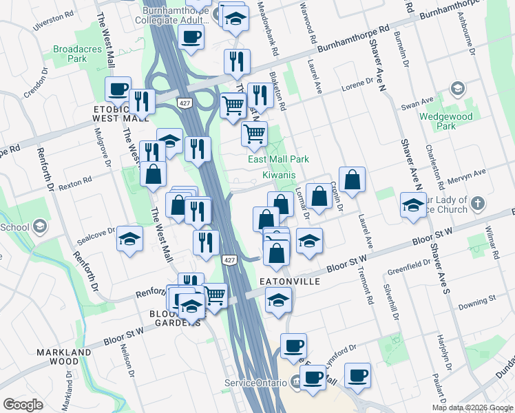 map of restaurants, bars, coffee shops, grocery stores, and more near in Toronto