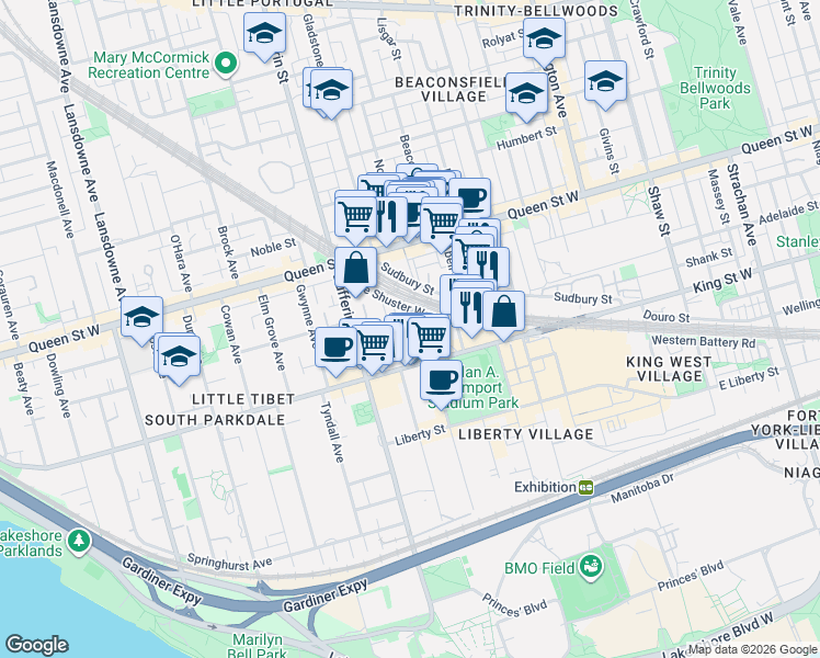 map of restaurants, bars, coffee shops, grocery stores, and more near 20 Machells Avenue in Toronto