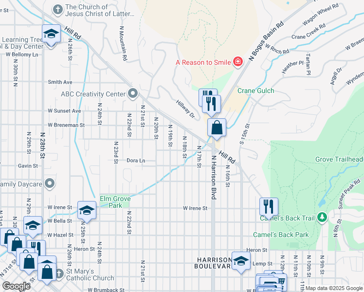 map of restaurants, bars, coffee shops, grocery stores, and more near 2309 North 18th Street in Boise