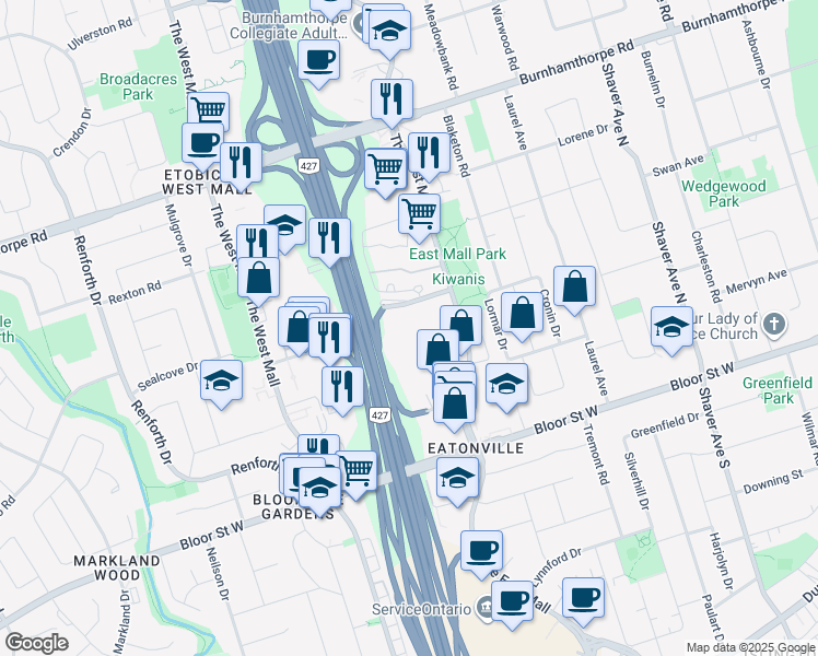 map of restaurants, bars, coffee shops, grocery stores, and more near 1 Valhalla Inn Road in Toronto