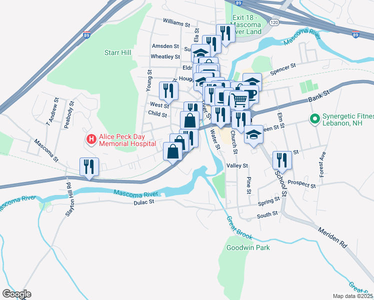 map of restaurants, bars, coffee shops, grocery stores, and more near 40 Mascoma Street in Lebanon