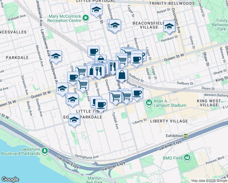 map of restaurants, bars, coffee shops, grocery stores, and more near 12 1/2 Melbourne Avenue in Toronto