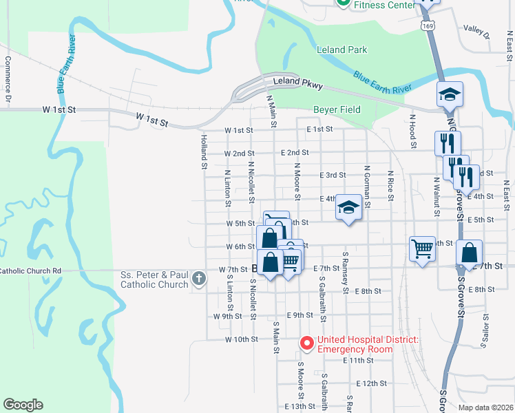 map of restaurants, bars, coffee shops, grocery stores, and more near 309 North Nicollet Street in Blue Earth