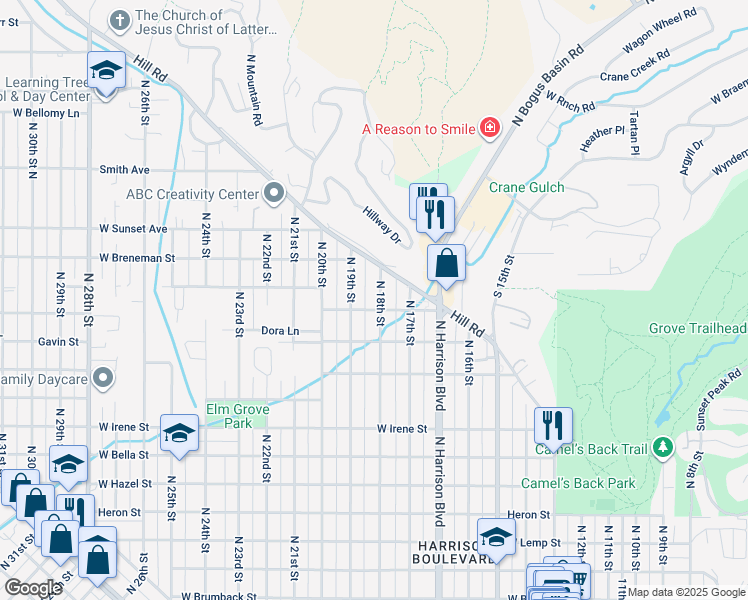 map of restaurants, bars, coffee shops, grocery stores, and more near 2309 North 18th Street in Boise