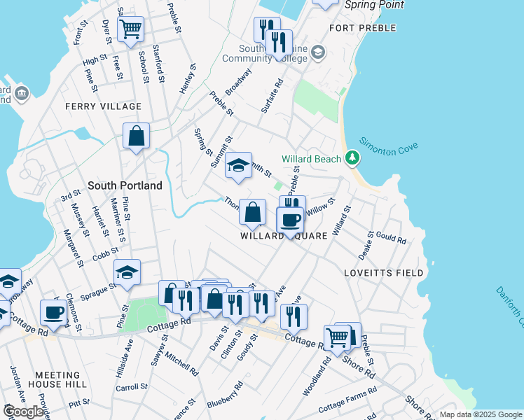 map of restaurants, bars, coffee shops, grocery stores, and more near 87 Thompson Street in South Portland
