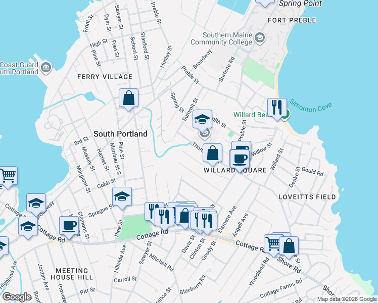 map of restaurants, bars, coffee shops, grocery stores, and more near 86 Thompson Street in South Portland