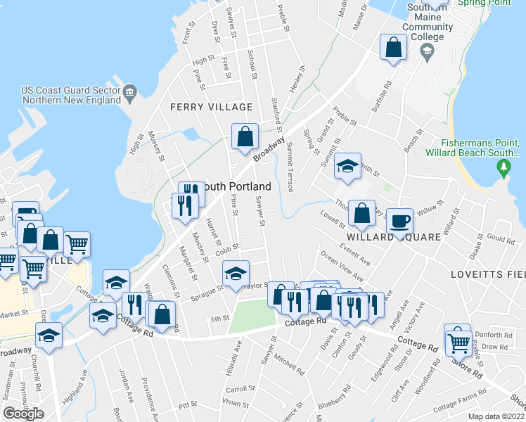 map of restaurants, bars, coffee shops, grocery stores, and more near 304 Sawyer Street in South Portland