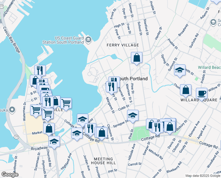 map of restaurants, bars, coffee shops, grocery stores, and more near 123 Harriet Street in South Portland