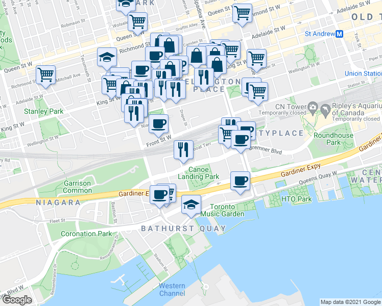 map of restaurants, bars, coffee shops, grocery stores, and more near 21 Iceboat Terrace in Toronto