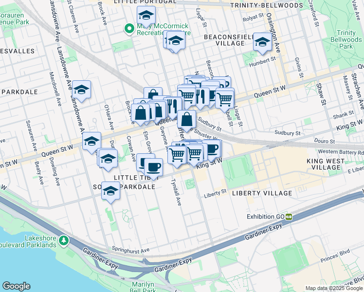 map of restaurants, bars, coffee shops, grocery stores, and more near in Toronto