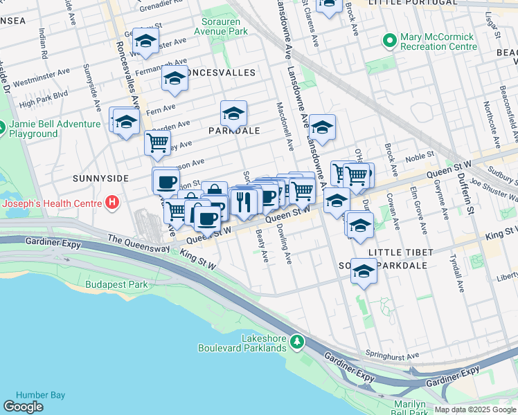 map of restaurants, bars, coffee shops, grocery stores, and more near in Toronto