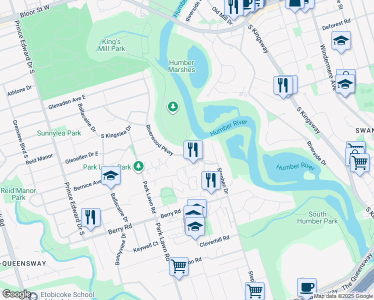 map of restaurants, bars, coffee shops, grocery stores, and more near 39 Riverwood Parkway in Toronto